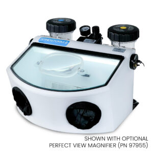A Vaniman SandStorm 2 Microabrasive Sandblaster (PN 80301) for Dental Labs. Shown with Optional Perfect View Magnifier (PN 97955).
