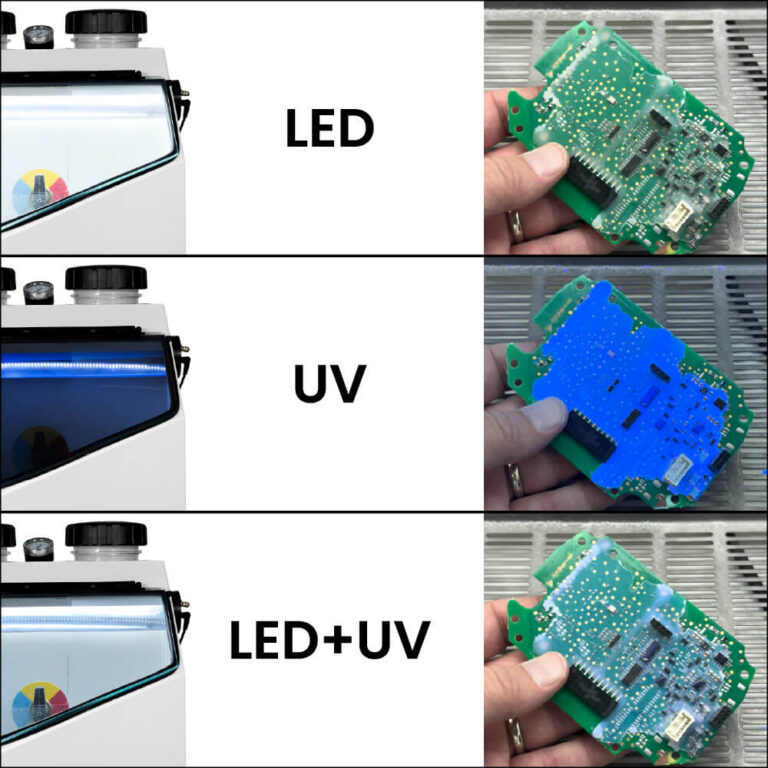 Master Problast 3 ESD cabinet lighting in LED, UV and LED plus UV modes, shown on a coated circuit board