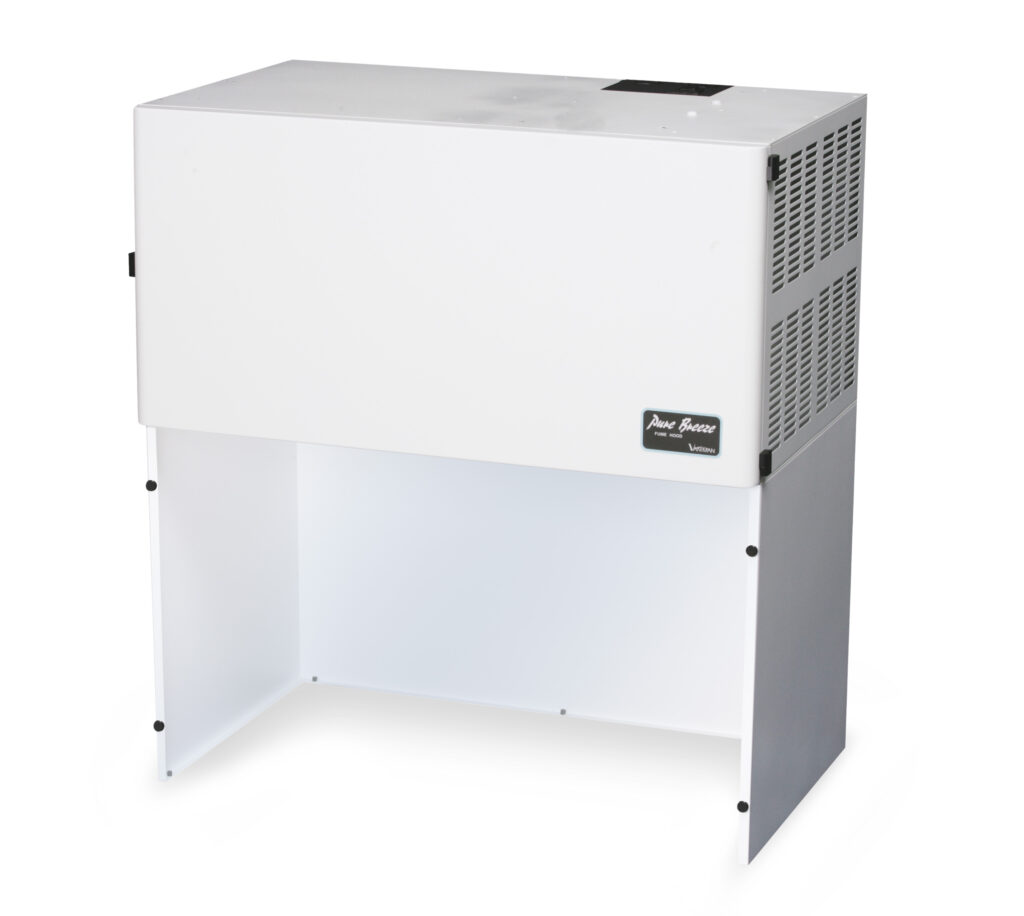 A Vaniman Pure Breeze HEPA Benchtop Fume Hood with ventilation grilles, designed for use in dental labs or similar environments.