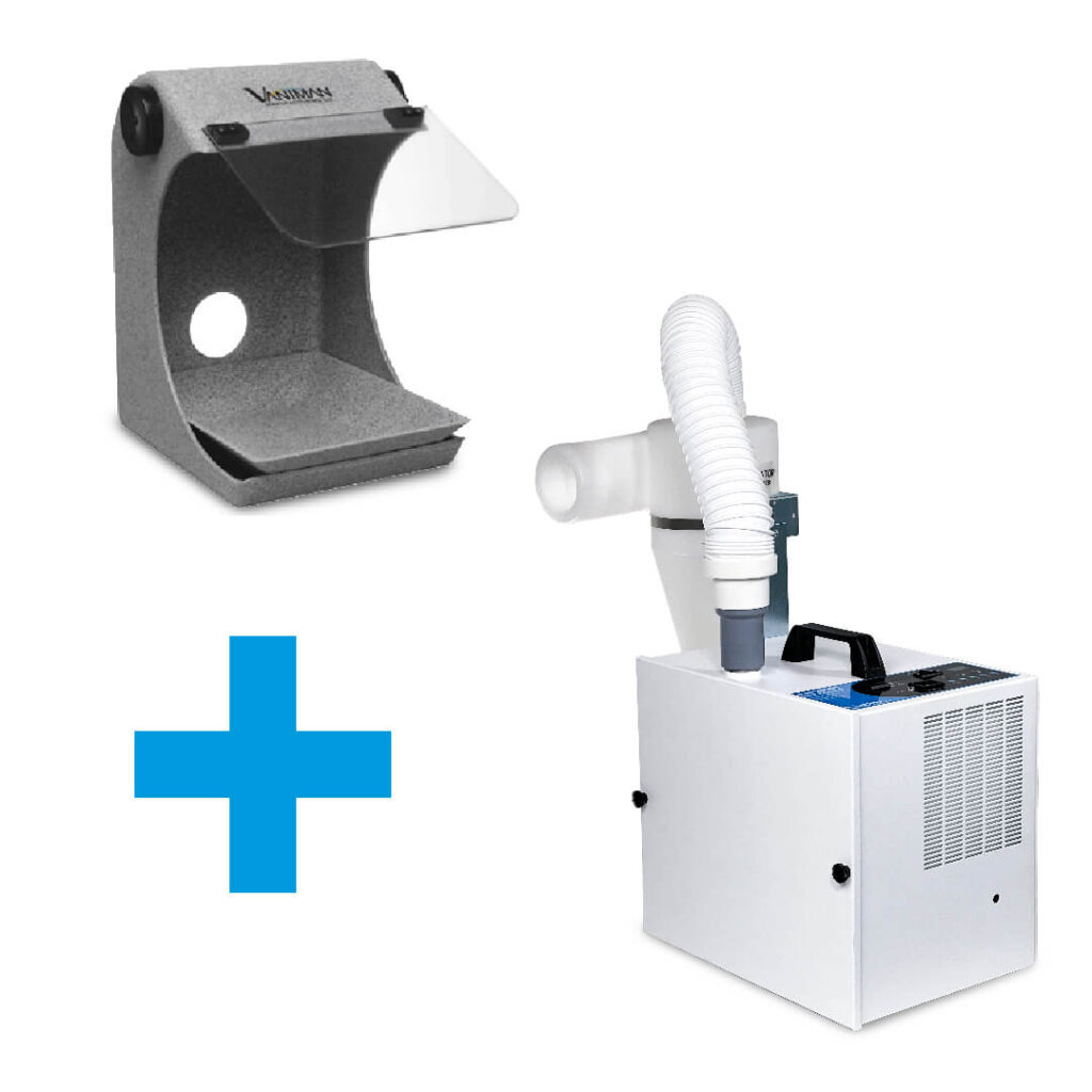A gray Vaniman Splash Hood and Vanguard Platinum 2X dust collection system (combo package)