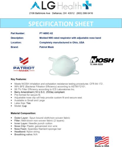 US "Patriot" NIOSH N95 Face Mask Respirator - NIOSH Approved - 25 Pack - Image 3
