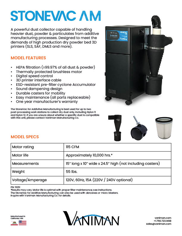 Spec sheet for the Vaniman StoneVac AM