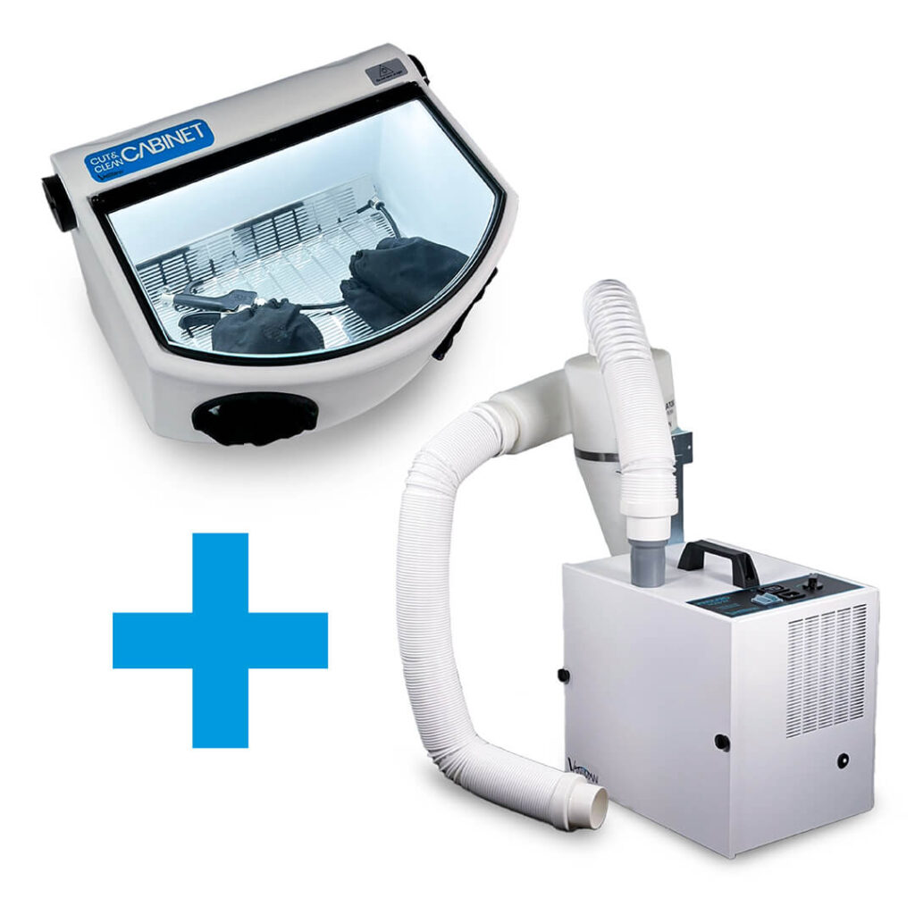 A Vaniman Cut & Clean Cabinet + a Vaniman Vanguard Gold 2X Dust Collector with Pre-filter Cyclone Accumulator (product combo).