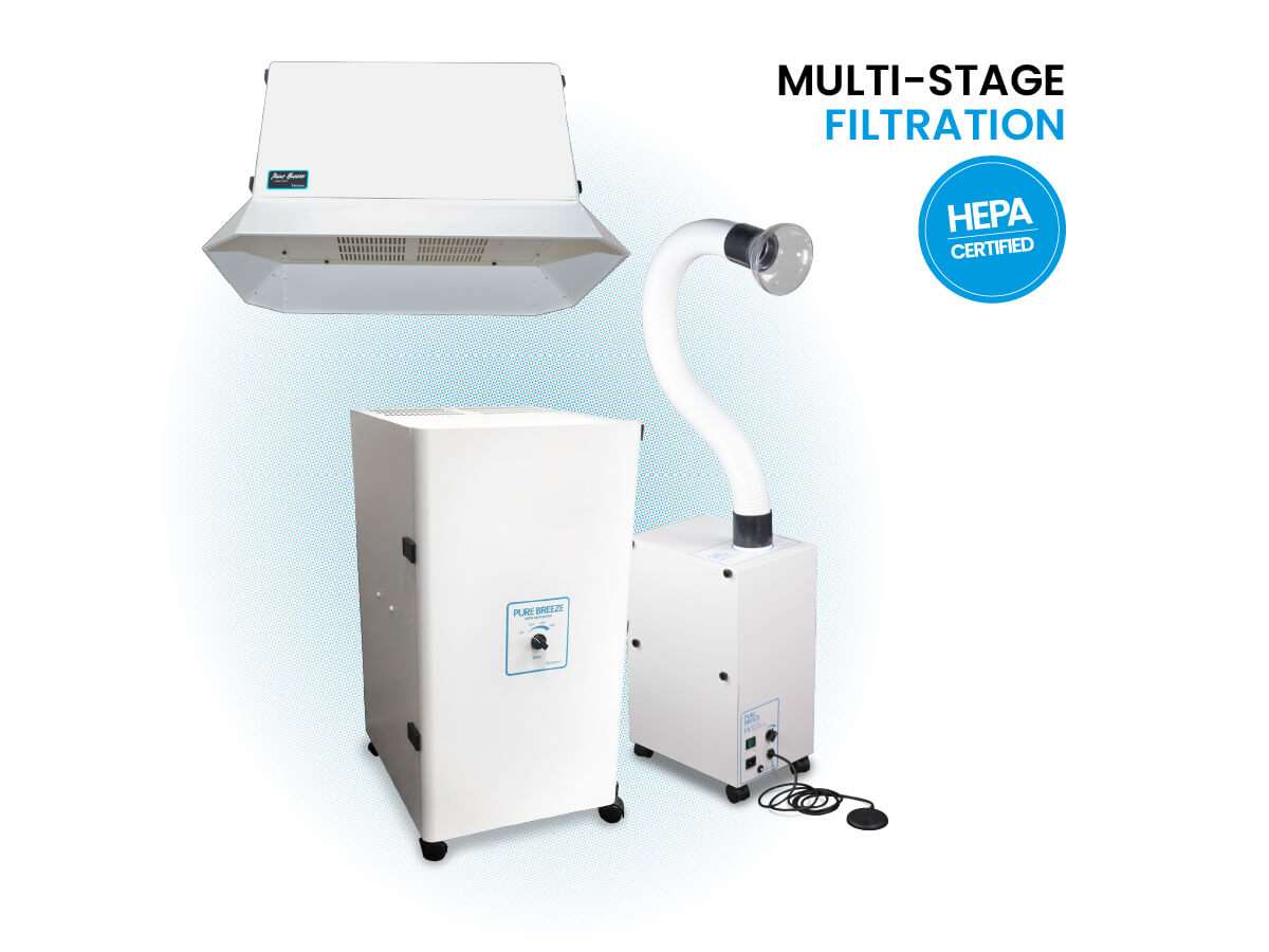The Vaniman Pure Breeze Family of Air Cleaners. Text: Mult-Stage Filtration / HEPA Certified