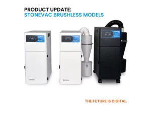 Three updated StoneVac brushless dust collectors from Vaniman, including a rolling unit and two stationary models in white an