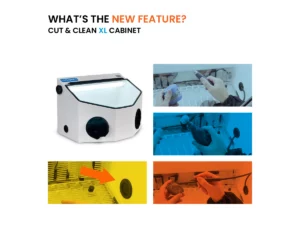 The image shows a dental dust collection system called the Cut & Clean XL cabinet. It has a transparent front panel and multi