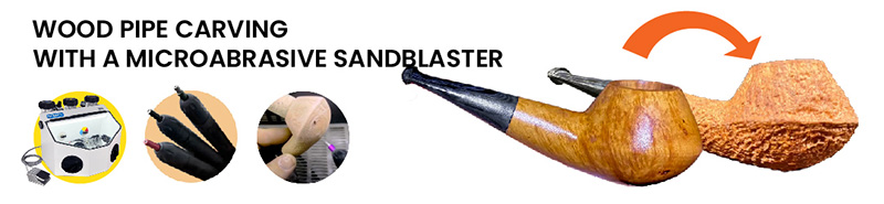 Image showing a wood pipe carving being detailed with a microabrasive sandblaster, with a finished wooden pipe shown as the e