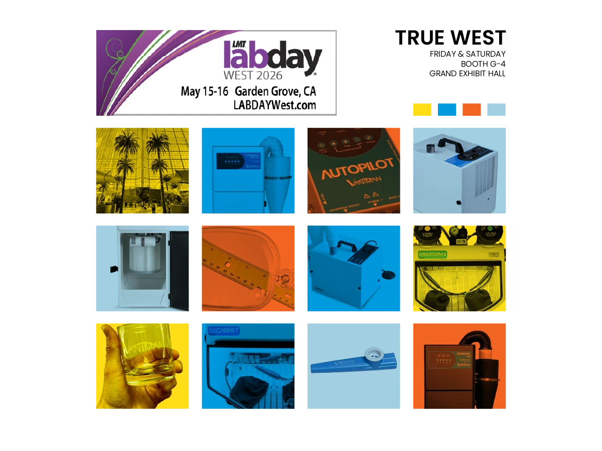 An array of images featuring various Vaniman dental lab equipment and tools, as well as a hotel atrium, a whiskey glass, and a kazoo