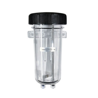 A clear Vaniman sandblasting media tank specifically for VanAcrylic plastic media.