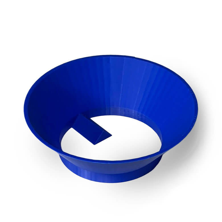 Angled view of Vaniman tank funnel (PN 97998) showing internal baffle for blocking abrasive from entering manifold tube.