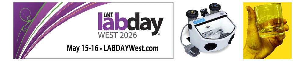 Promotional banner for Vaniman at LAB DAY West in Garden Grove, CA, featuring dental laboratory equipment and an etched whiskey glass