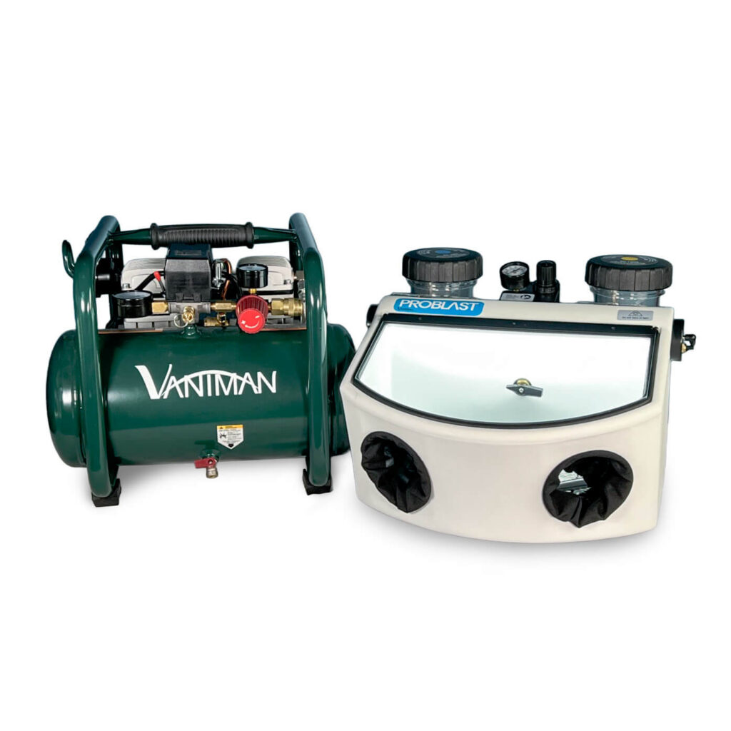 A Vaniman 2.5 gallon air compressor and Problast 2 sandblaster.