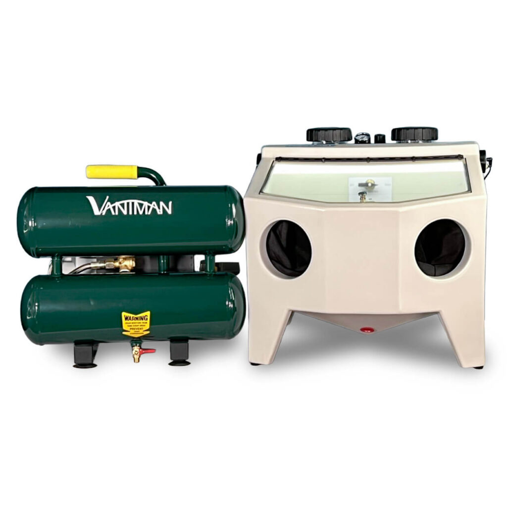A Vaniman 4.2 gallon air compressor and Master Problast sandblaster.