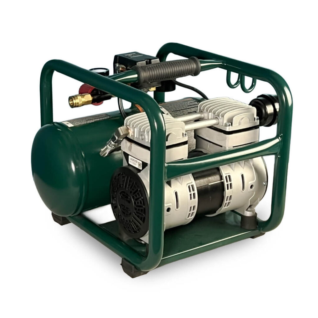 Rear view of a Vaniman 2.5 gallon air compressor.