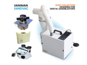 A blog banner with a Vaniman SandVac dust collector for dental sandblasters and various other parts and equipment. Text: Vaniman SandVac/Dust Collection Designed for Dental Sandblasters