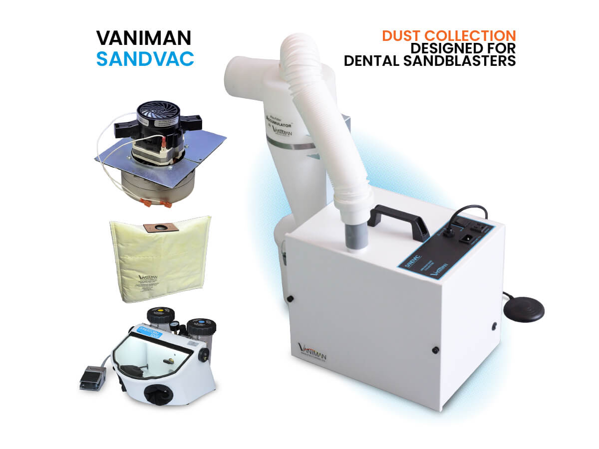 A blog banner with a Vaniman SandVac dust collector for dental sandblasters and various other parts and equipment. Text: Vaniman SandVac/Dust Collection Designed for Dental Sandblasters