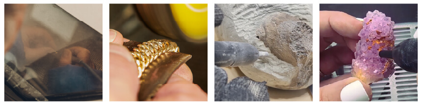 Close-up images of micro-blasting for surface prep, jewelry manufacturing, fossil prep, and mineral cleaning.