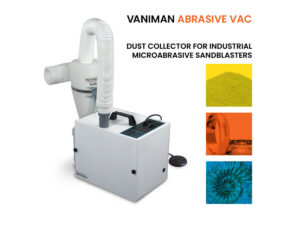 A Vaniman Abrasive Vac dust collector for sandblasters; in colored boxes: some sandblasting media, some gold rings, and a shell fossil. Text: Vaniman Abrasive Vac/Dust Collector for Industrial Microabrasive Sandblasters