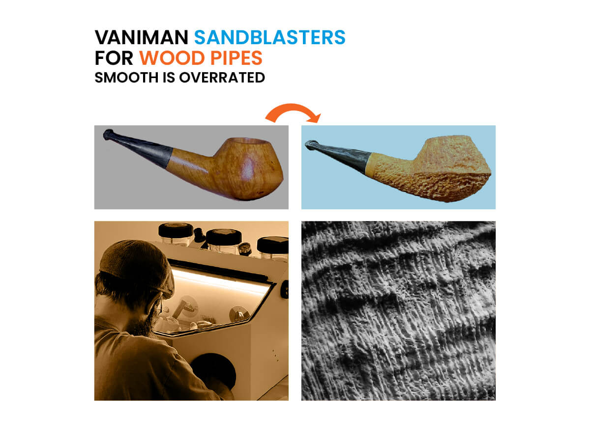 A smooth pipe, a sandblasted pipe, a pipemaker using a Vaniman sandblaster, and a microscope close-up of a sandblasted pipe. Text: Vaniman Sandblasters for Wood Pipes / Smooth is Overrated
